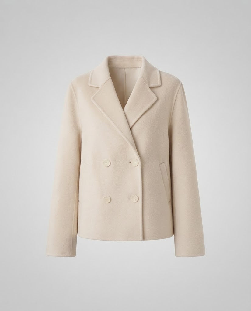 Women Double-breasted Boxy Short Coat made of wool blend with soft fleece and concealing shape Fashion Glam