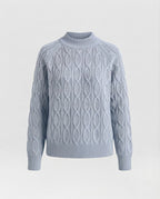 Ladies fine knit sweater with cable pattern and stand-up collar Fashion Glam