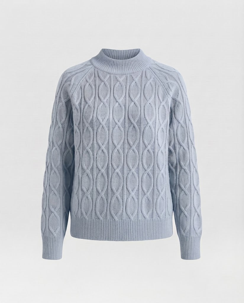 Ladies fine knit sweater with cable pattern and stand-up collar Fashion Glam