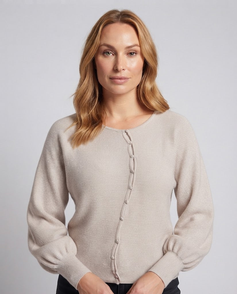 Women's Oversize Fine Knit Cardigan with Diagonal Button Placket and Balloon Sleeves Fashion Glam