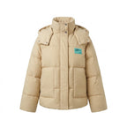 Women's short thermo puffer with structured micro-check quilting and ergonomic hood collar