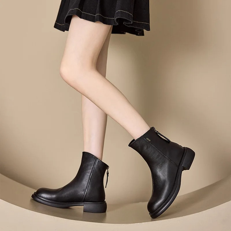 Women's Leather Ankle Boots with Back Zipper and Low Heel