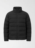 Women's ultra-lightweight hoodless oversized puffer with high standing collar, silent outer shell, and thermally insulating padding