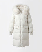 Women's longer padded hooded coat with removable fur trim and two-way zip