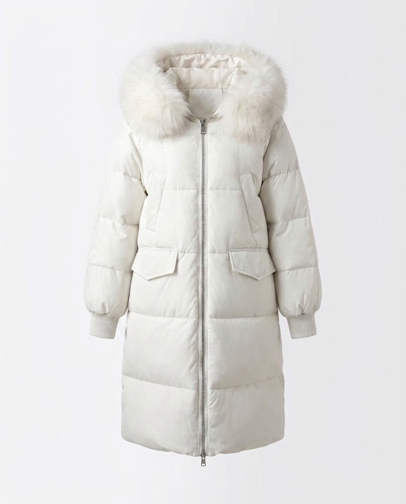 Women's longer padded hooded coat with removable fur trim and two-way zip