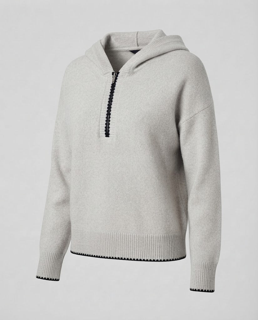 Women's hooded fine knit pullover with half zipper and relaxed oversized cut Fashion Glam