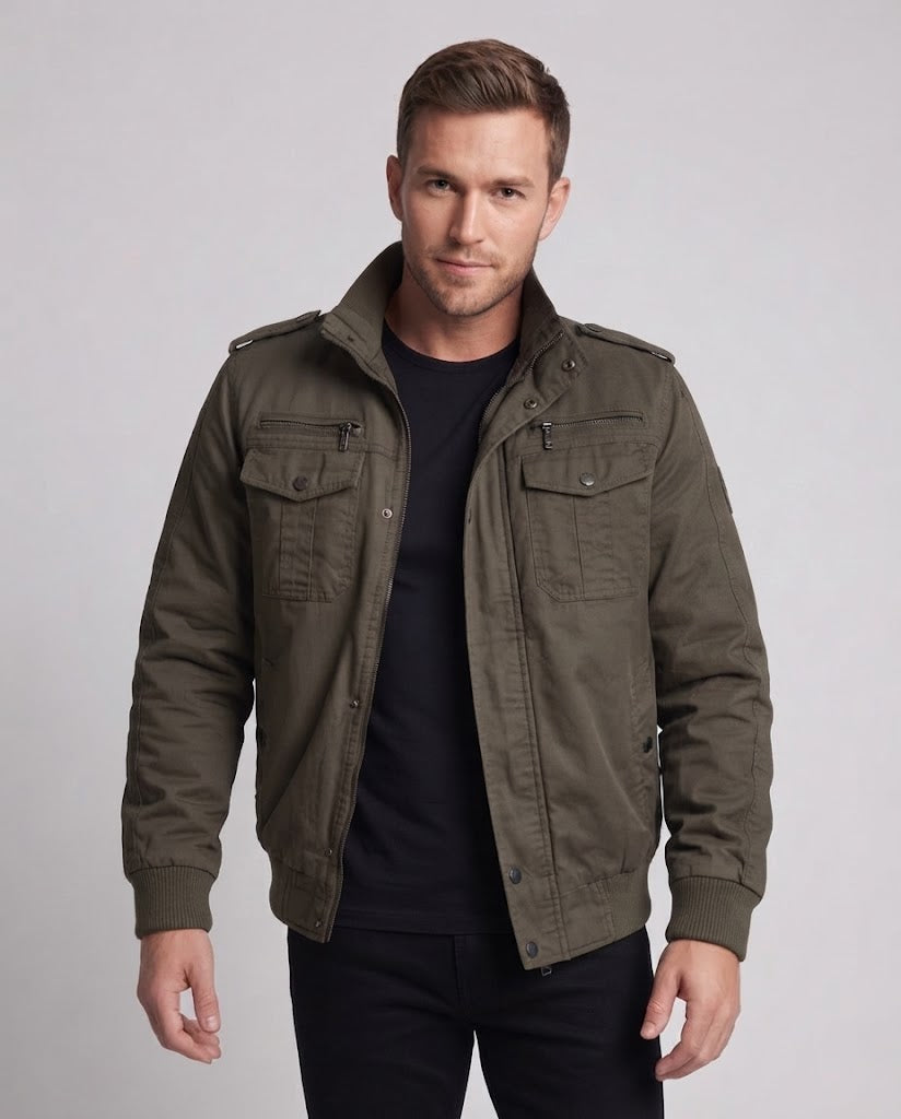 Men's short-cut pilot jacket made of canvas with hidden thermal lining and shoulder epaulets Fashion Glam