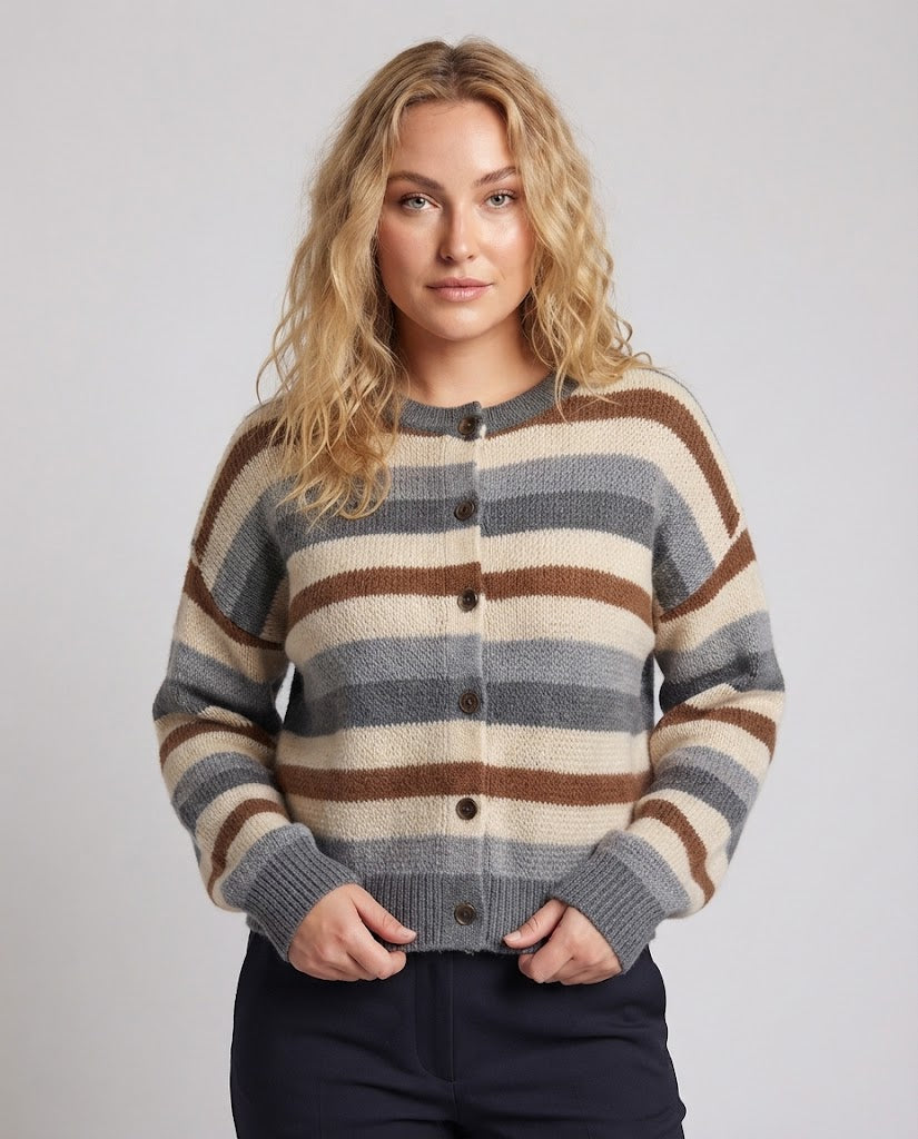 Ladies Short Cardigan in Retro Stripe Look with Ribbed Cuffs Fashion Glam