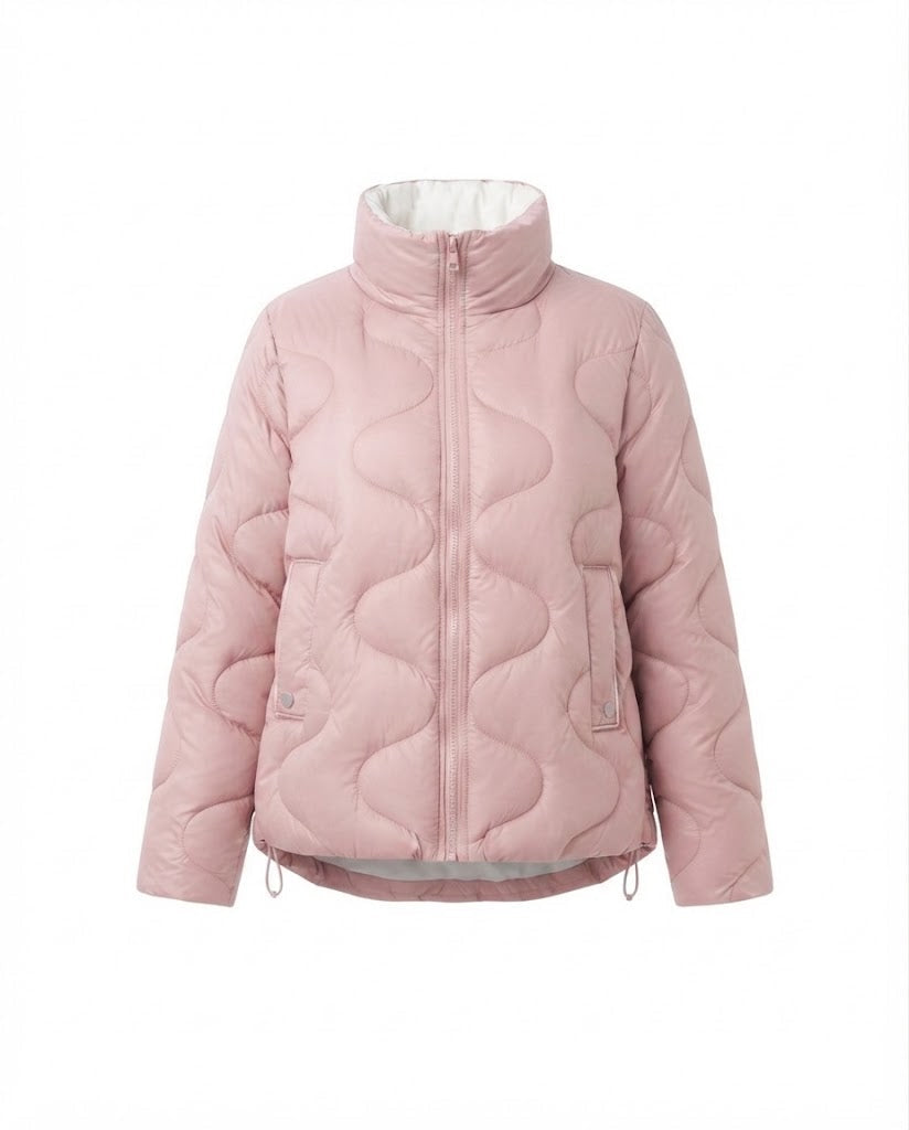 Women's Nano Short Padded Wave Quilt Puffer with Ergonomic Stand-Up Collar and Side Drawstring