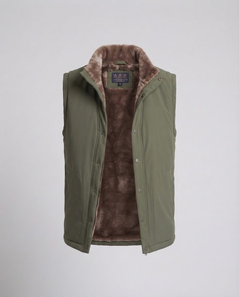 Men's windproof thermal vest with extra soft faux fur lining and concealed zip pockets