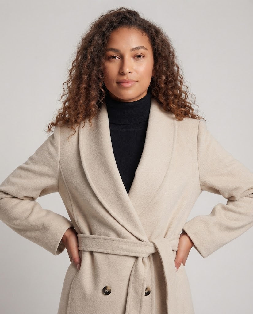 Women’s Maxi Long Shawl Collar Wool Blend Coat with Tying Belt and Clean Fall