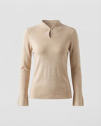 Ladies fine knit long sleeve with short stand-up collar slit button and flared sleeve hem Fashion Glam