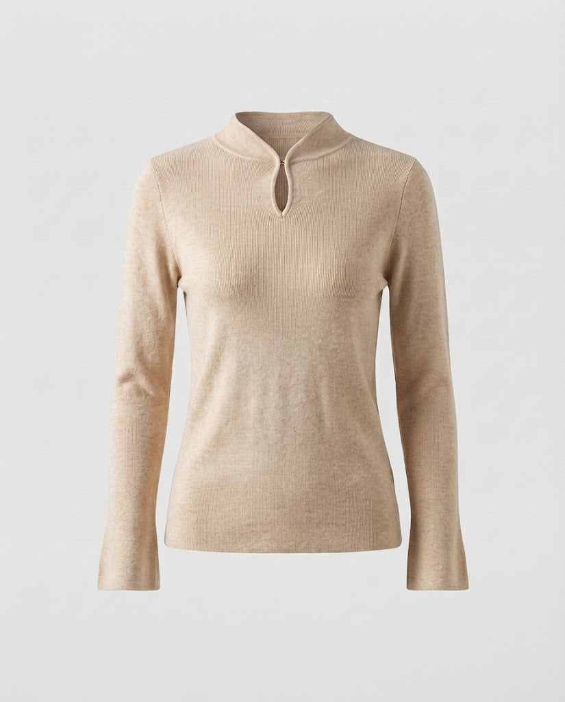 Ladies fine knit long sleeve with short stand-up collar slit button and flared sleeve hem Fashion Glam