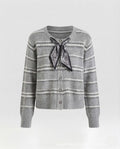 Women's short cardigan made of fine knit with a fine ribbed pattern and paisley bow Fashion Glam