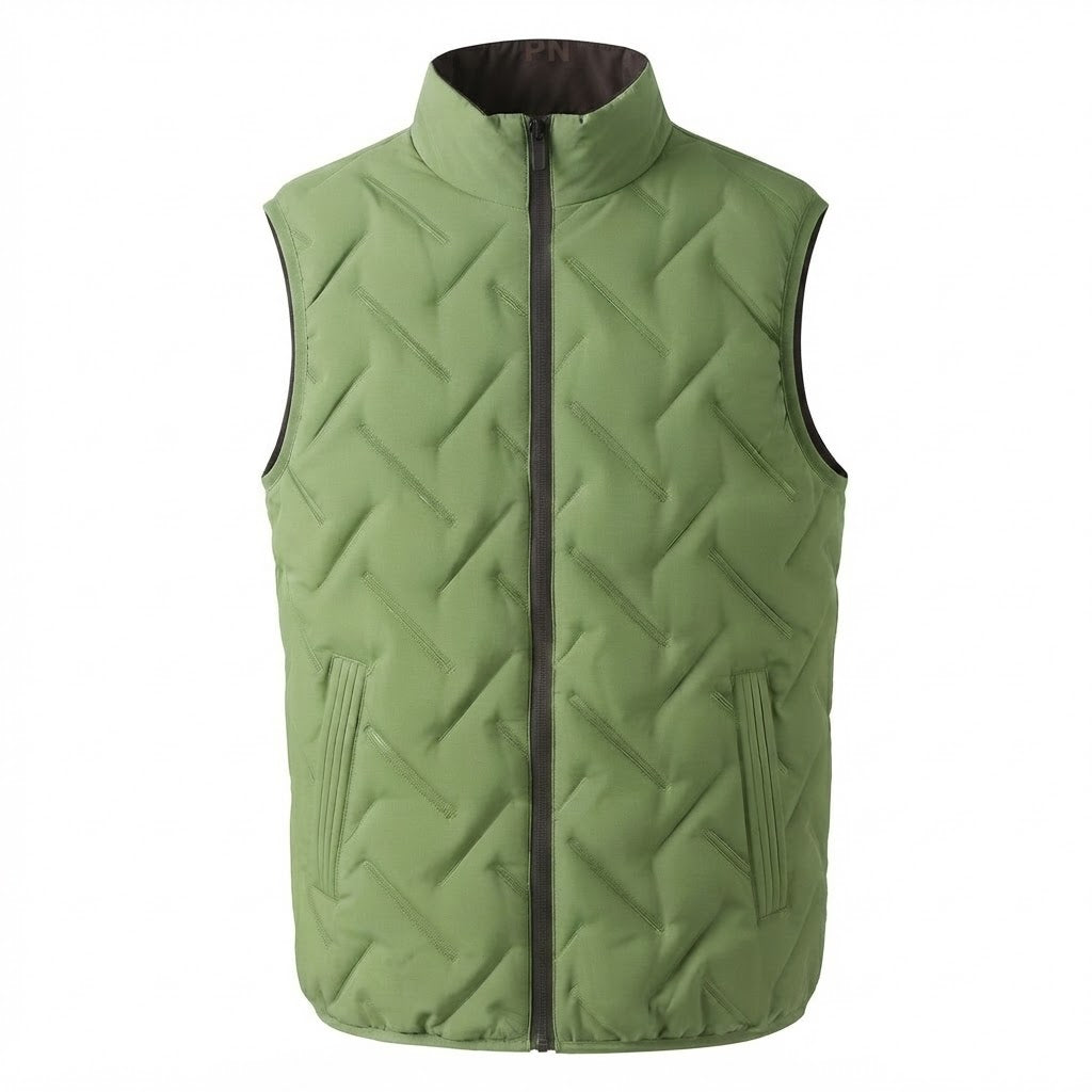 Men's light padded chevron quilted vest with high stand-up collar and concealed zip pockets