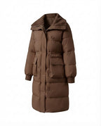 Women's long padded coat with Sherpa shawl collar, waist drawstring, and large flap pockets