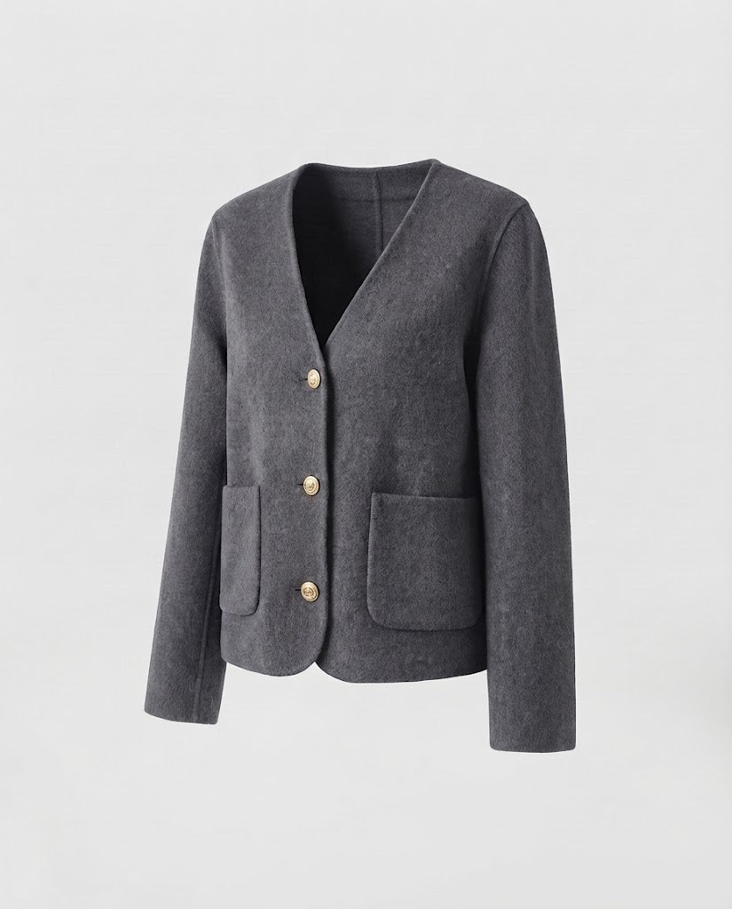 Women's short blazer made of wool blend with round neckline, boxy silhouette and decorative golden buttons Fashion Glam