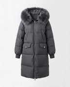 Women's longer padded hooded coat with removable fur trim and two-way zip