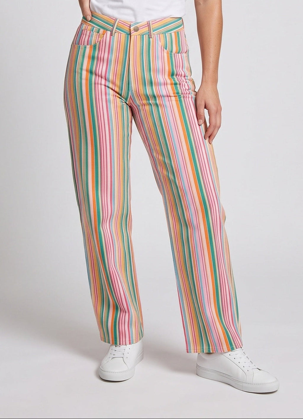 Women high-waisted wide fabric trousers with vertical stripes and five pockets Fashion Glam