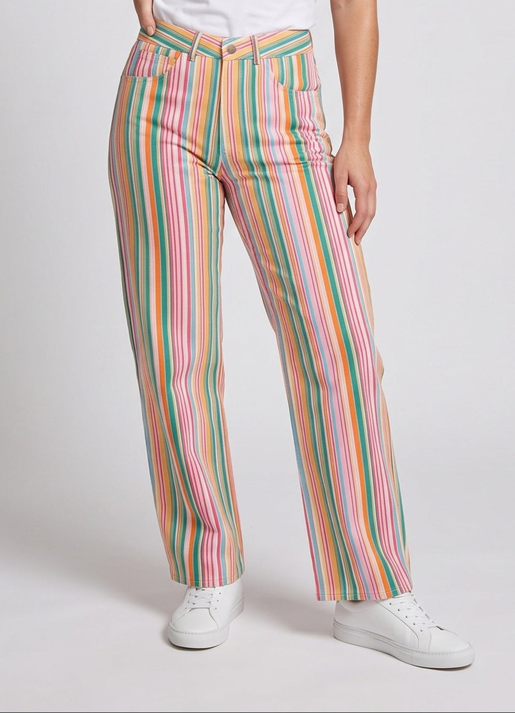 Women high-waisted wide fabric trousers with vertical stripes and five pockets Fashion Glam