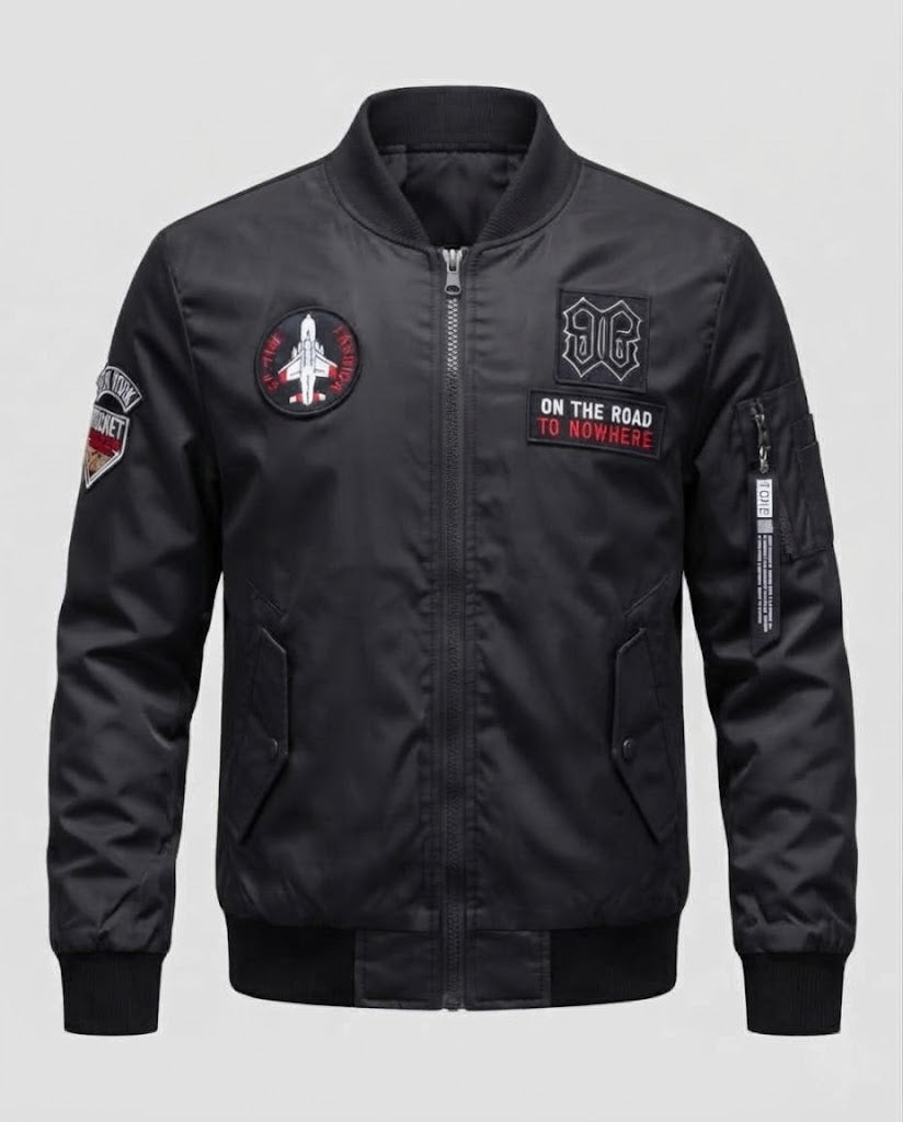 Men's Short Bomber Jacket with Patch Applications, Nylon Outer Material and Quilted Inner Lining Fashion Glam