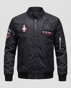 Men's Short Bomber Jacket with Patch Applications, Nylon Outer Material and Quilted Inner Lining Fashion Glam
