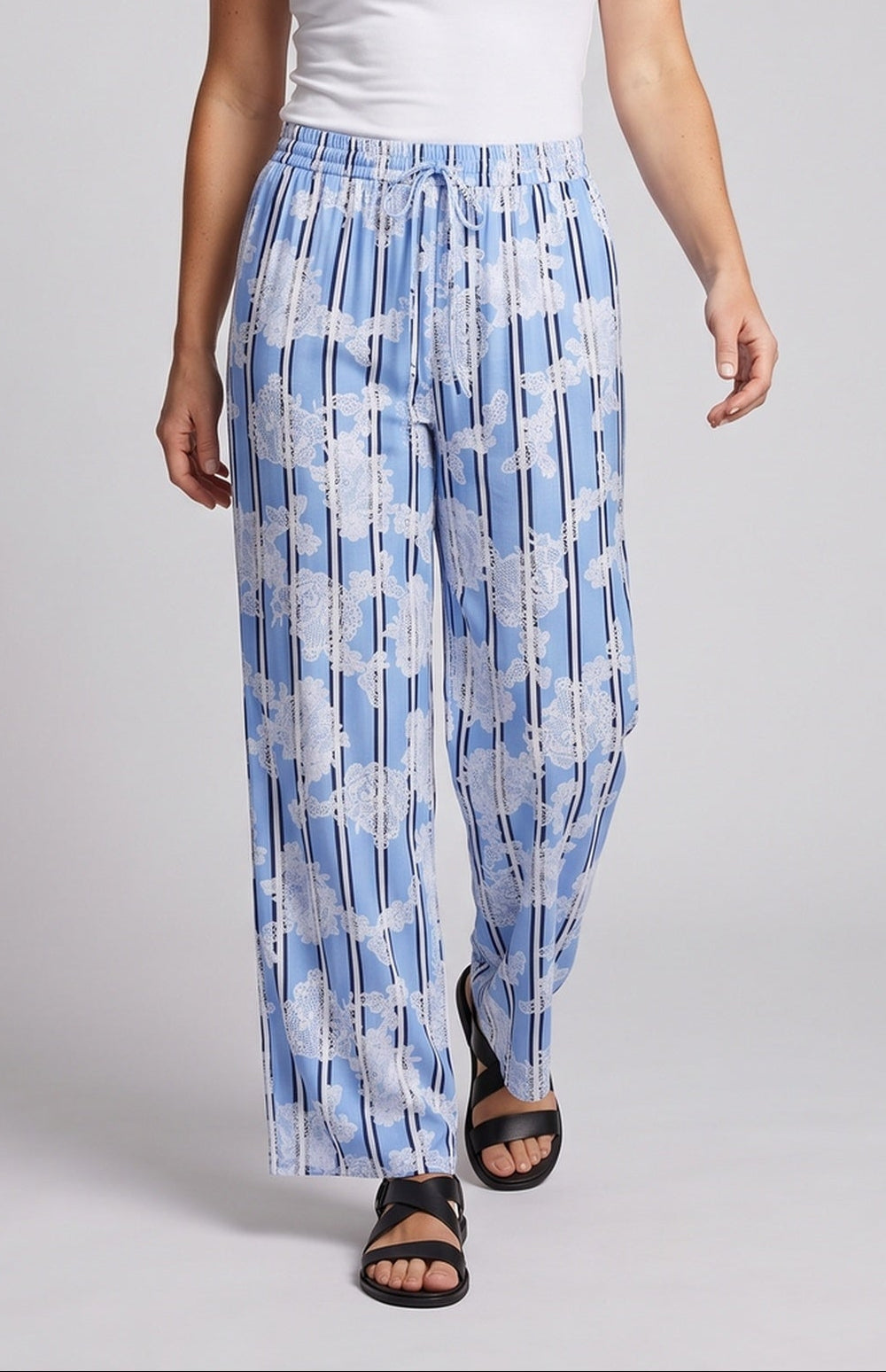 Ladies Wide Palazzo Pants with Elastic Waistband and Lace Overlay Fashion Glam