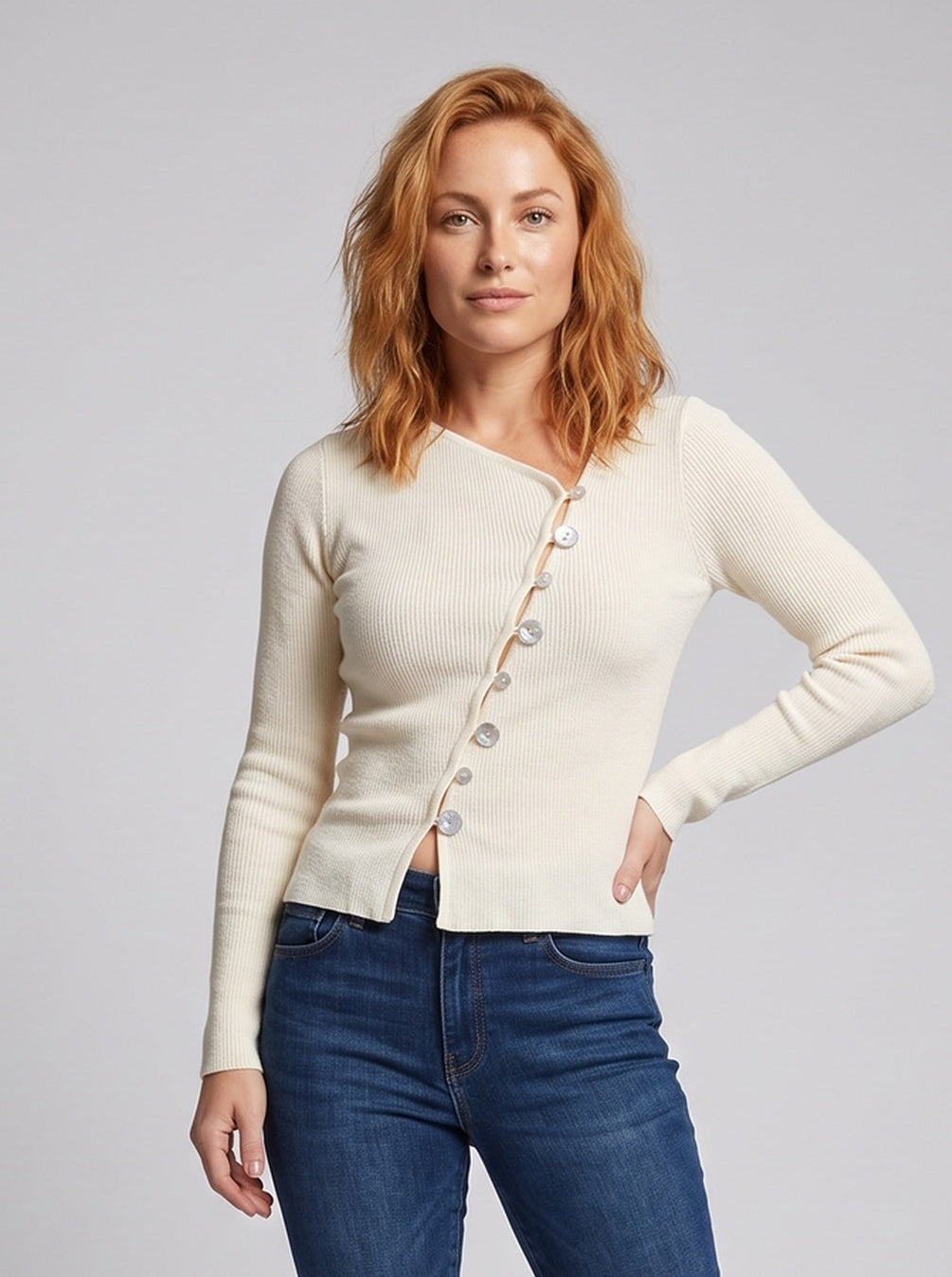 Women's Asymmetrically Buttoned Fine Knit Cardigan with Mother-of-Pearl Buttons Fashion Glam