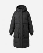 Women's longer padded hooded coat with oversized patch pockets, elastic cuffs, and concealed two-way zipper