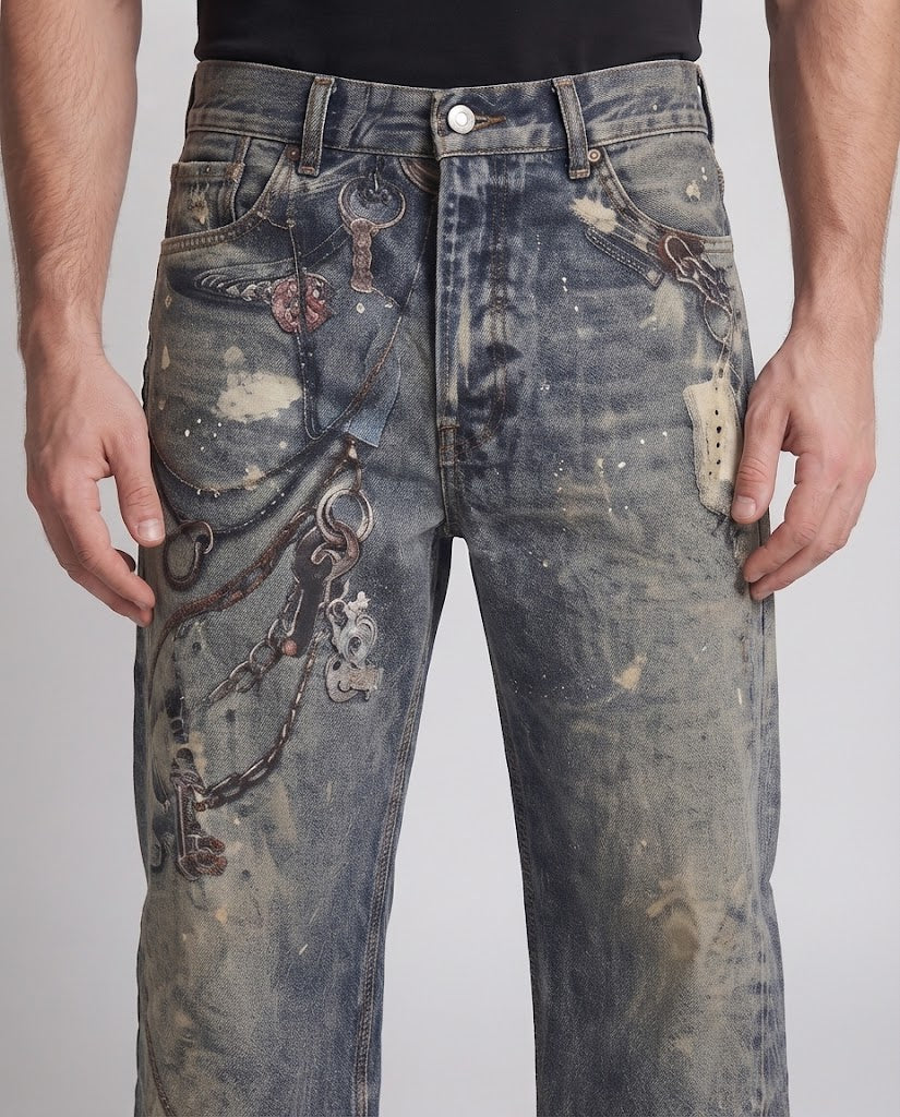 Men's extra-wide jeans in baggy cut with color-splashed used look and chain print fashion glam