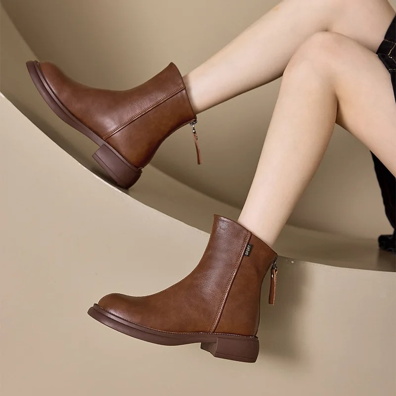 Women's Leather Ankle Boots with Back Zipper and Low Heel