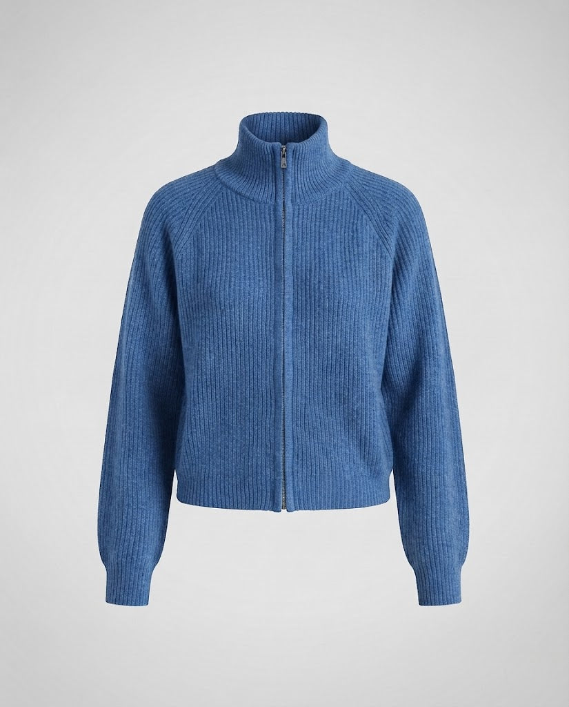 Women's ribbed cardigan with stand-up collar and zipper Fashion Glam
