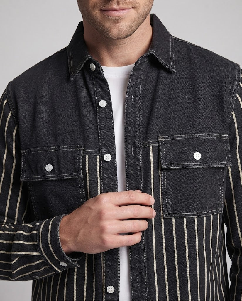 Men's overshirt in utility look with denim trim and vertical stripes Fashion Glam