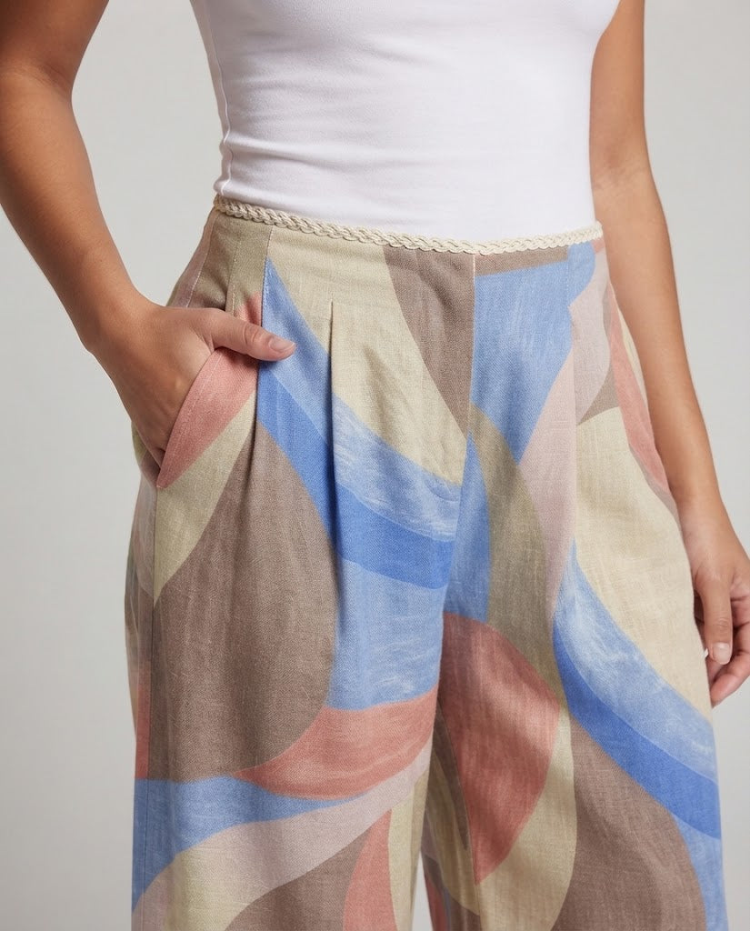 Women's Wide Palazzo Pants with Abstract Allover Print and High Waist