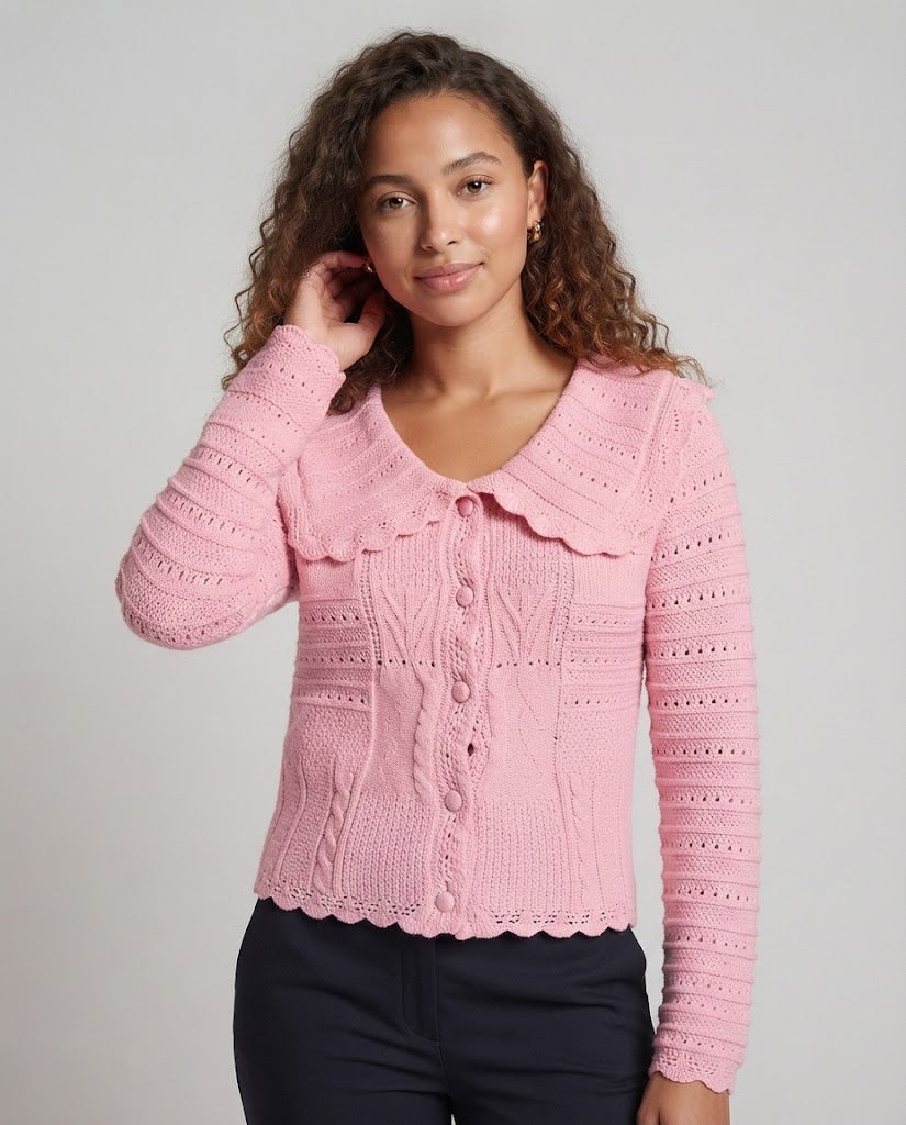 Women Fine Knitted Cardigan with Large Peter Pan Collar, Cable Pattern and Round Wood Buttons Fashion Glam