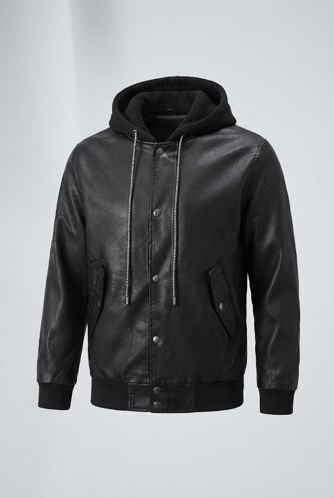 Men's Fashion Faux Leather Jacket with Hood Fashion Glam