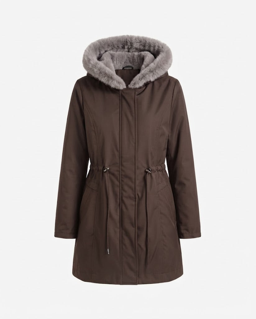 Women's knee-length thermoparkas with removable teddy hood, drawstring waist and concealed front flap