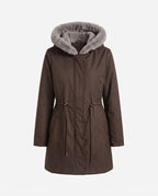 Women's knee-length thermoparkas with removable teddy hood, drawstring waist and concealed front flap