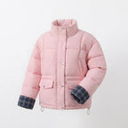 Women's short padded boxy blouson with checked lining, high collar and patch flap pockets