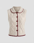 Women Knitted Short Vest with Cable Pattern, Heart Button Placket and Peter Pan Collar Fashion Glam