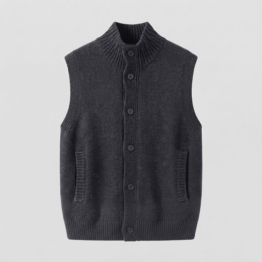 Women's sleeveless structured knit vest with high ribbed collar, concealed button placket and inset pockets Fashion Glam