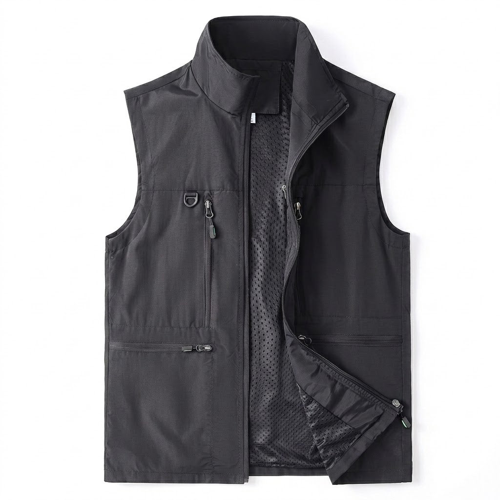Men's Multifunctional Outdoor Vest with Mesh Lining, High Collar and Zip Pockets