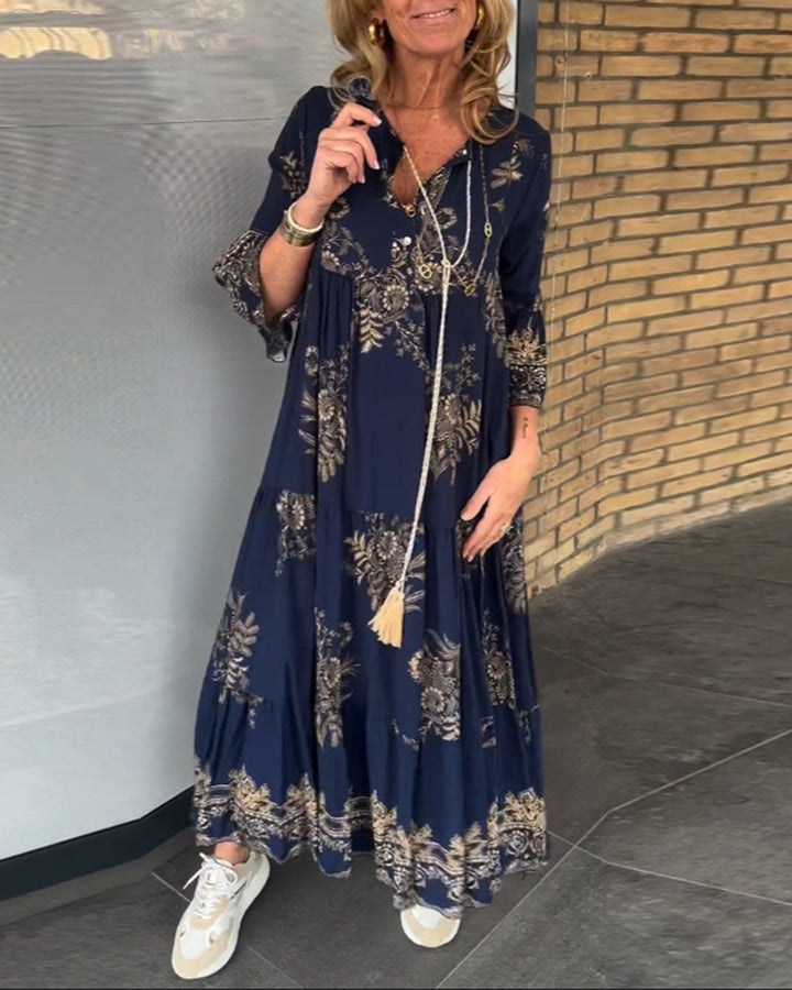 TOVE – WOMEN'S NAVY BLUE PRINTED V-NECK LONG SWING DRESS