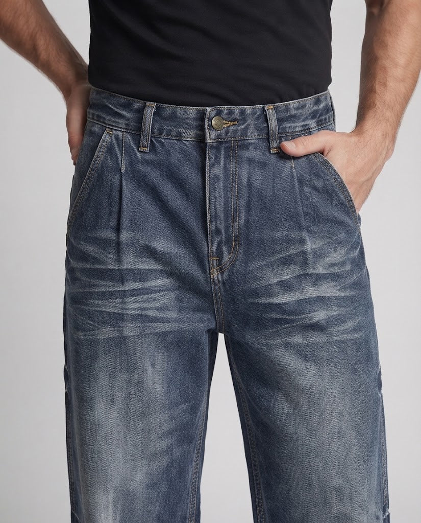 Men's baggy denim with balloon-shaped palazzo leg, visible wedge seams, and used finish fashion glam