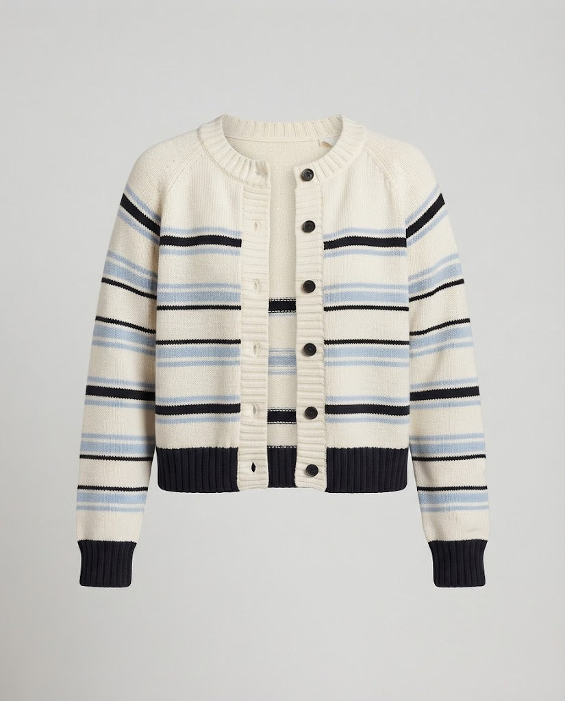 Women's Striped Cardigan with Round Neck and Ribbed Hem Fashion Glam