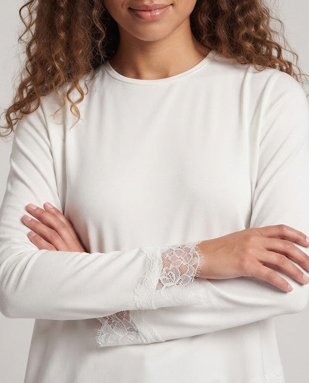 Women's Asymmetrical Long Sleeve Top with Lace Trim and Round Neckline Fashion Glam