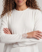 Women's Asymmetrical Long Sleeve Top with Lace Trim and Round Neckline Fashion Glam