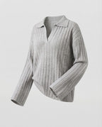 Women's Chunky Ribbed Wool Blend Sweater with Polo Collar and Wide Sleeves Fashion Glam