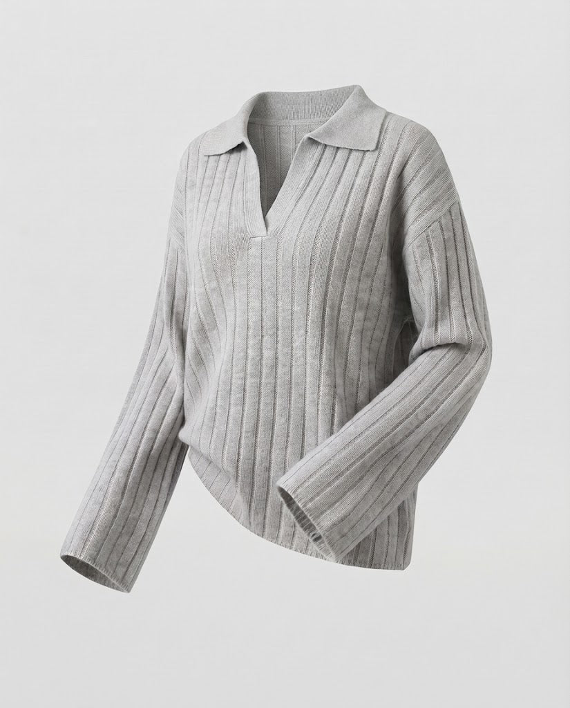 Women's Chunky Ribbed Wool Blend Sweater with Polo Collar and Wide Sleeves Fashion Glam