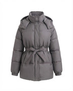 Women's mid-length quilted winter coat with tie belt, high stand-up collar and snap button placket